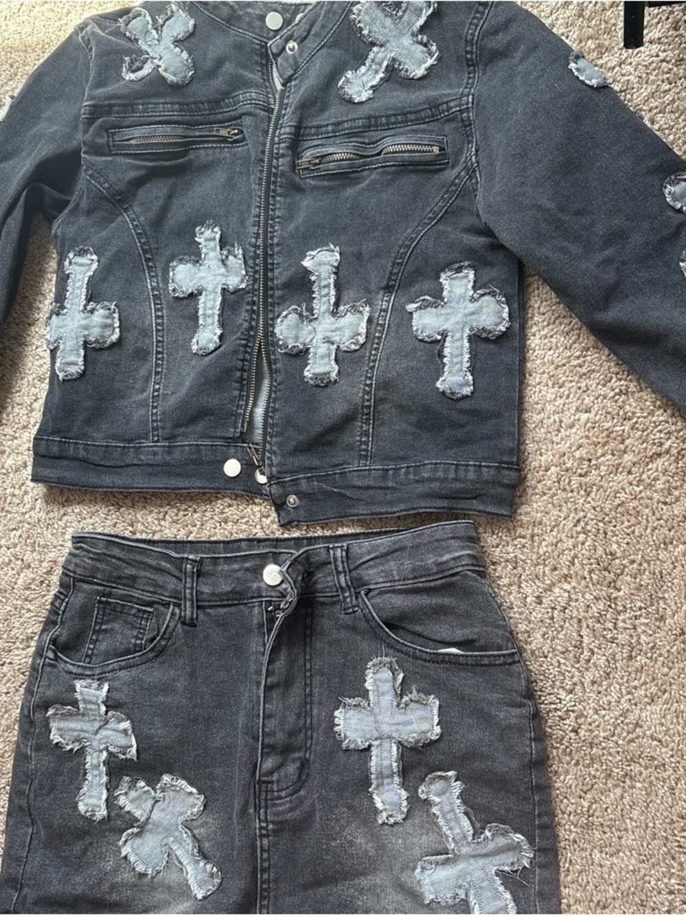 Black Denim Two-Piece Set with Distressed Cross Appliqués - Picture 2 of 4